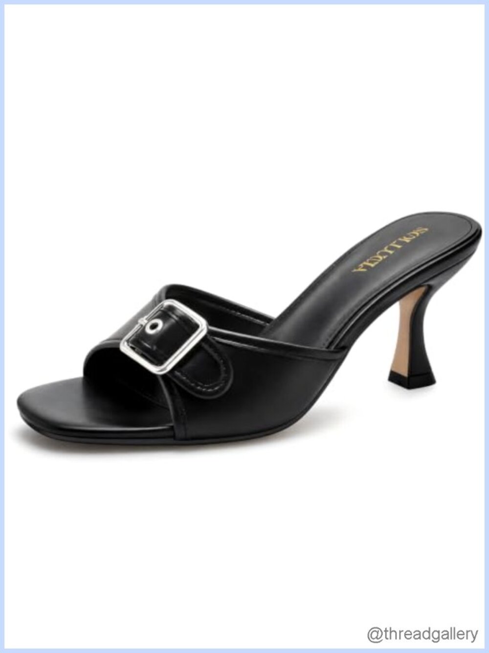 Kitten Heel Mules Square Open Toe Faux Leather Sandals Buckle Strap